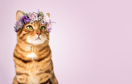 Portrait of an adorable bengal cat in a flower crown on a purple background. Copy space.の写真素材