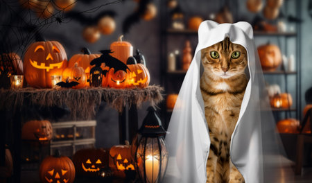 A cat in a ghost costume against the background of a room decorated for Halloween. Holiday card or invitation.の写真素材