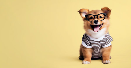 Funny dog in glasses and clothes on a colored background. Copy space. Generative AI.の素材