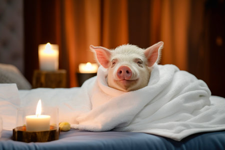 Cute pig is relaxing in the spa. Generative AI.の素材