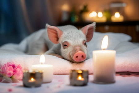 Cute pig is relaxing in the spa. Generative AI.の素材