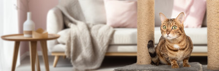 Bengal cat resting on cat furniture. Cat and scratching post in the background of the room. Copy space.の写真素材
