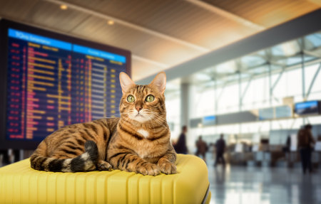 A Bengal cat lies on a yellow suitcase at the airport. Traveling with a pet. Copy space.の写真素材