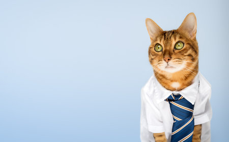 Business cat in a shirt with a tie on a blue background. Copy space.の写真素材