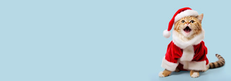 Funny cat in a Santa hat on a colored background. Copy space.の素材