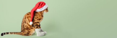 Funny Bengal cat wearing a Christmas hat on a green background. Copy space.