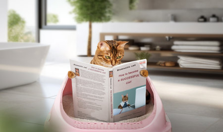 The cat is reading a book while sitting on the cat litter. Training a cat to use the litter box.の写真素材