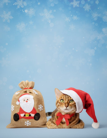 Red cat in a Santa hat with a bag of gifts on a winter background. Copy space.の写真素材