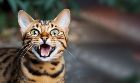 Portrait of a Bengal cat with an open mouth. The cat meows or smiles. Generative AI.の素材