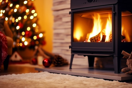 Christmas room with decorated fireplace and Christmas tree. Place for text. Low angle view. Generative AI.の素材