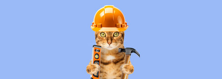 Funny cat in a construction helmet on a blue background. Copy space.の写真素材