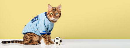 Bengal cat in a T-shirt with a soccer ball. Copy space.の写真素材