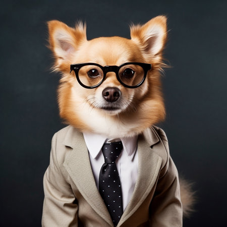 Adorable dog dressed in a business suit and tie on a dark background. Generative AI.の素材