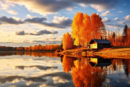 Autumn forest nature. Colorful autumn landscape with a pond and autumn trees. Generative AI.の素材