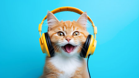 A funny cat listens to music on headphones and sings on a colored background, close-up muzzle. Copy space. Generative AI.の素材