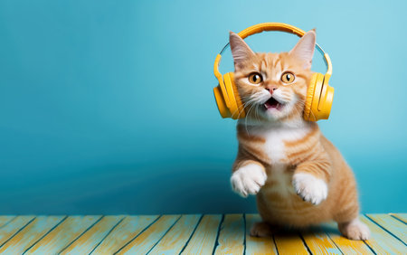 A funny cat listens to music on headphones and sings on a colored background, close-up muzzle. Copy space. Generative AI.の素材