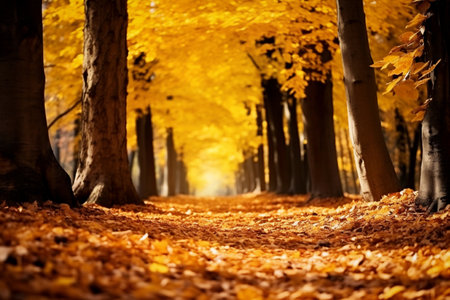 Autumn forest nature. Colorful autumn forest with sun rays through tree branches. Generative AI.の素材