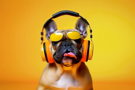 Funny dog with headphones on a color background. Copy space. Generative AI.の素材