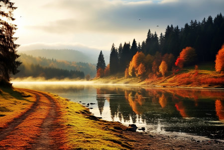 Autumn forest nature. Colorful autumn landscape with a pond and autumn trees in the early morning. Generative AI.の素材