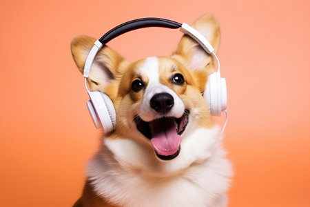 Funny dog with headphones on a color background. Copy space. Generative AI.の素材