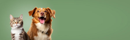 Portrait of a dog and cat on a colored background. Copy space. Generative AI.の素材