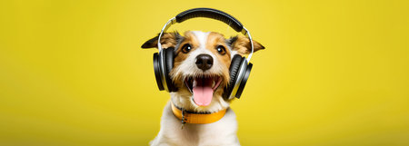 Funny dog with headphones on a color background. Copy space. Generative AI.の素材