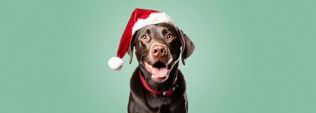 Portrait of a happy dog in a Santa hat against the background of a colored wall. Copy space. Generative AI.の素材
