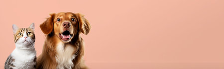 Portrait of a dog and cat on a colored background. Copy space. Generative AI.の素材