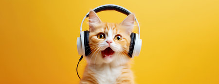 A funny cat listens to music on headphones and sings on a colored background, close-up muzzle. Copy space. Generative AI.の素材