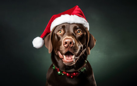 Portrait of a happy dog in a Santa hat against the background of a colored wall. Copy space. Generative AI.の素材