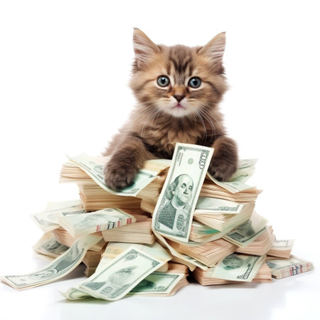 Funny rich cat holding cash in dollars on a white background. Business and investment concept idea. Winning at the casinoの素材