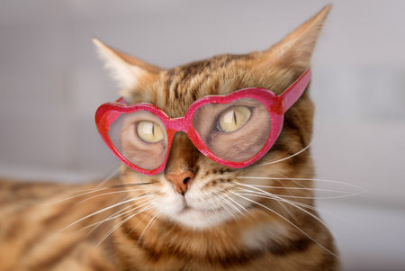 Beautiful charming Bengal cat wearing pink glasses. Close-up. portraitの写真素材
