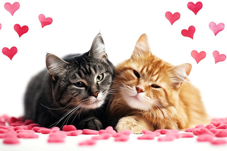Two cats and red hearts isolated on a white background. Generative AI.の素材