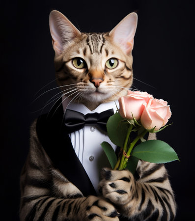 Cute bengal cat with a bouquet of flowers on a black background. Generative AIの素材