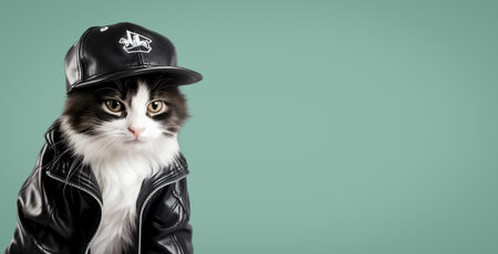 Cool cat in a leather jacket and cap, on a uniform background. Copy space. Generative AI.の素材