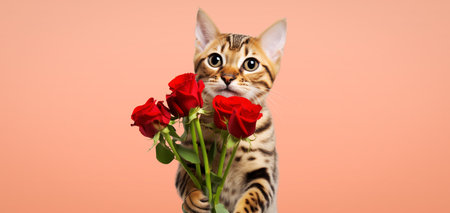 Cute cat with a bouquet of flowers on a uniform background, postcard for Valentines Day or Mothers Day. Generative AIの素材