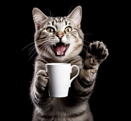 Joyful cat with a cup of coffee isolated on black background. Generative AI.の素材
