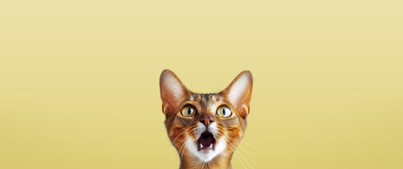 Funny portrait of a shocked cat with an open mouth on a color background. Copy space. Generative AI.の素材