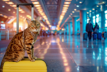 A Bengal cat sits on a suitcase against the backdrop of an airport terminal. Traveling with a pet.の写真素材
