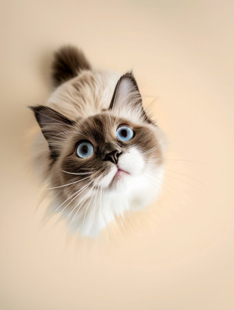 Rag doll cat on a beige background. View from above. Generative AI.の素材