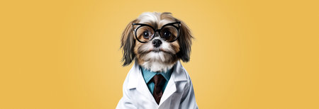 Dog in a white coat on a yellow background with copy space. Suit for doctor, veterinarian.の素材