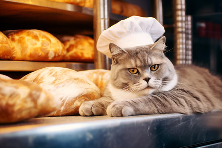 Funny cat in a bakery against the background of freshly baked bread. Generative AI.の素材