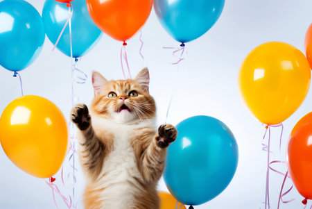 Cheerful cat with colorful balloons. Festive background. Generative AI.の素材