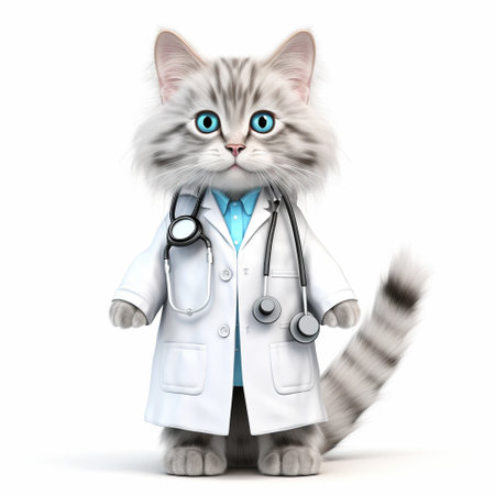 Doctor - cat 3d in a white medical coat with a stethoscope on a white background. Generative AIの素材