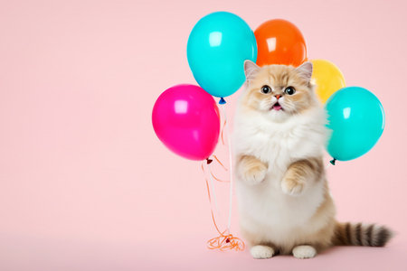 Cheerful cat with colorful balloons. Festive background. Generative AI.の素材