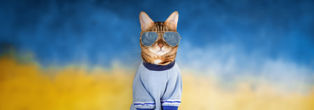 Funny red cat in glasses and a T-shirt. Copy space.の写真素材