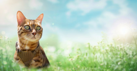 A spotted shorthaired bengal cat in a green backyard walks on the lawn on a sunny day. The cat is outside. Walking your pet.の写真素材