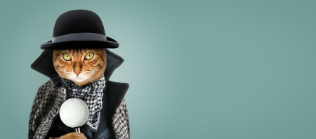 A cat with a magnifying glass dressed as a detective or sleuth. Investigation concept.の写真素材