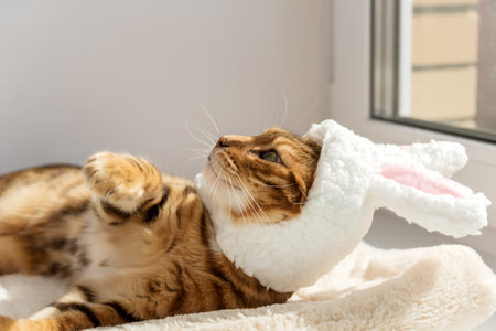 Funny Bengal cat dressed as an Easter bunny. Cat in a headband with bunny ears.の写真素材