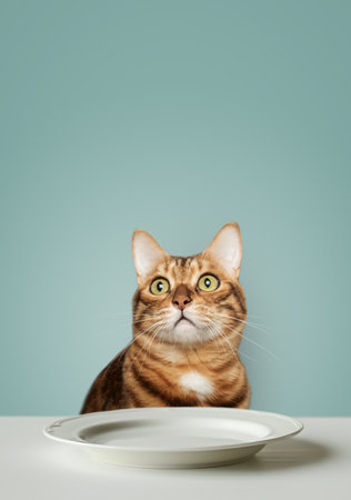 Funny portrait of a hungry cat on a green background, near an empty plate on the table. Copy space.の写真素材
